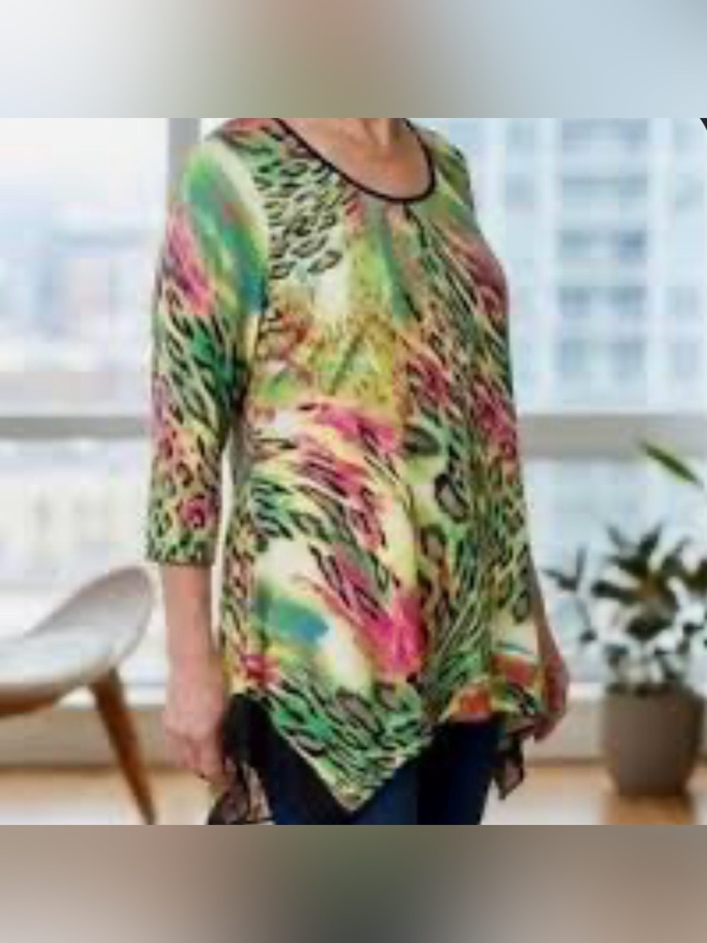 Peter Nygard Y2K Neon Multicolor Printed Handkerchief Hem Top Womens Size M